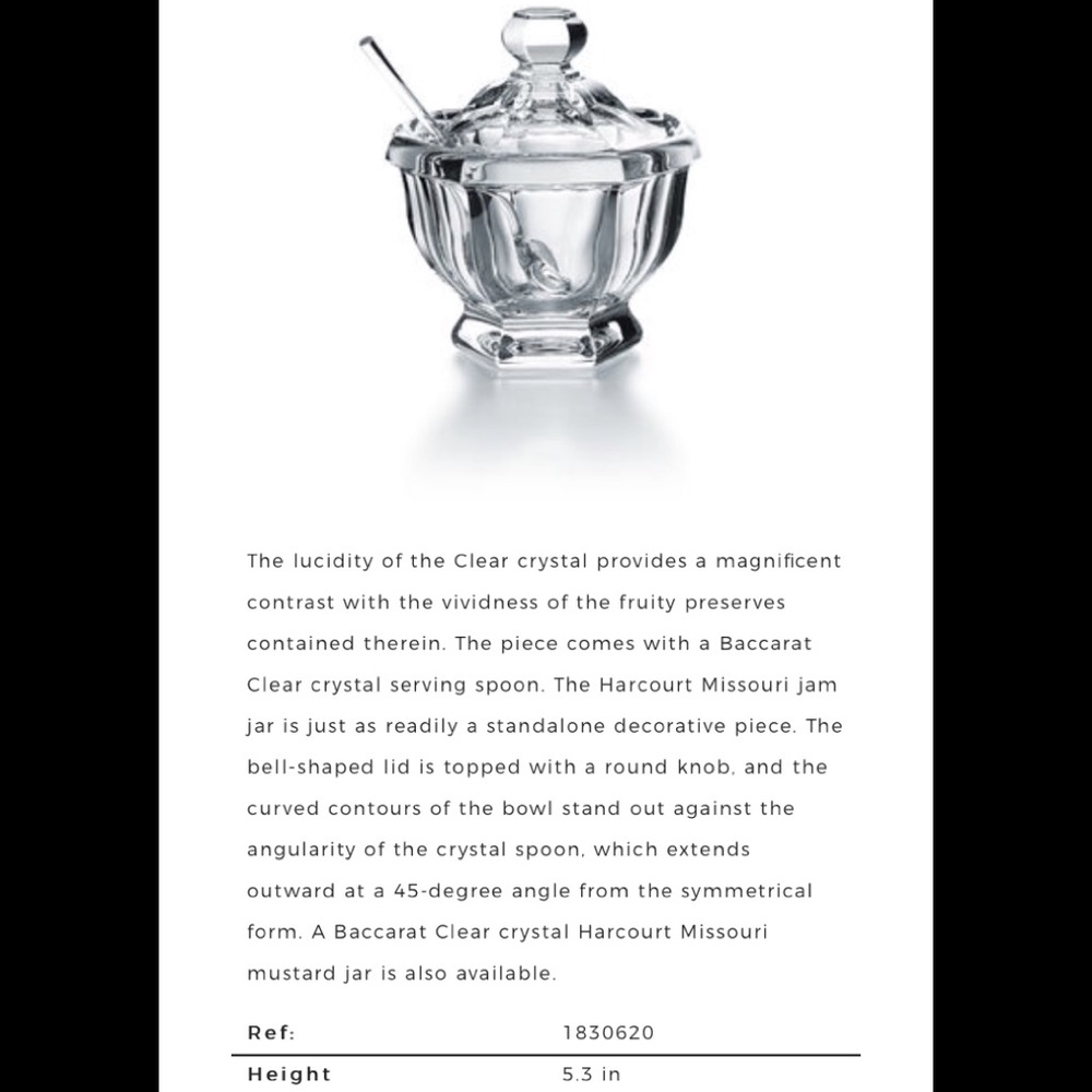 BACCARAT Crystal Harcourt Missouri Jam Jar